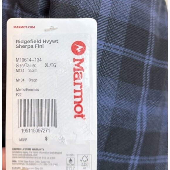 Marmot XL Ridgefield Heavyweight Sherpa Lined Blue Flannel Shirt Jacket NWT - Picture 3 of 10